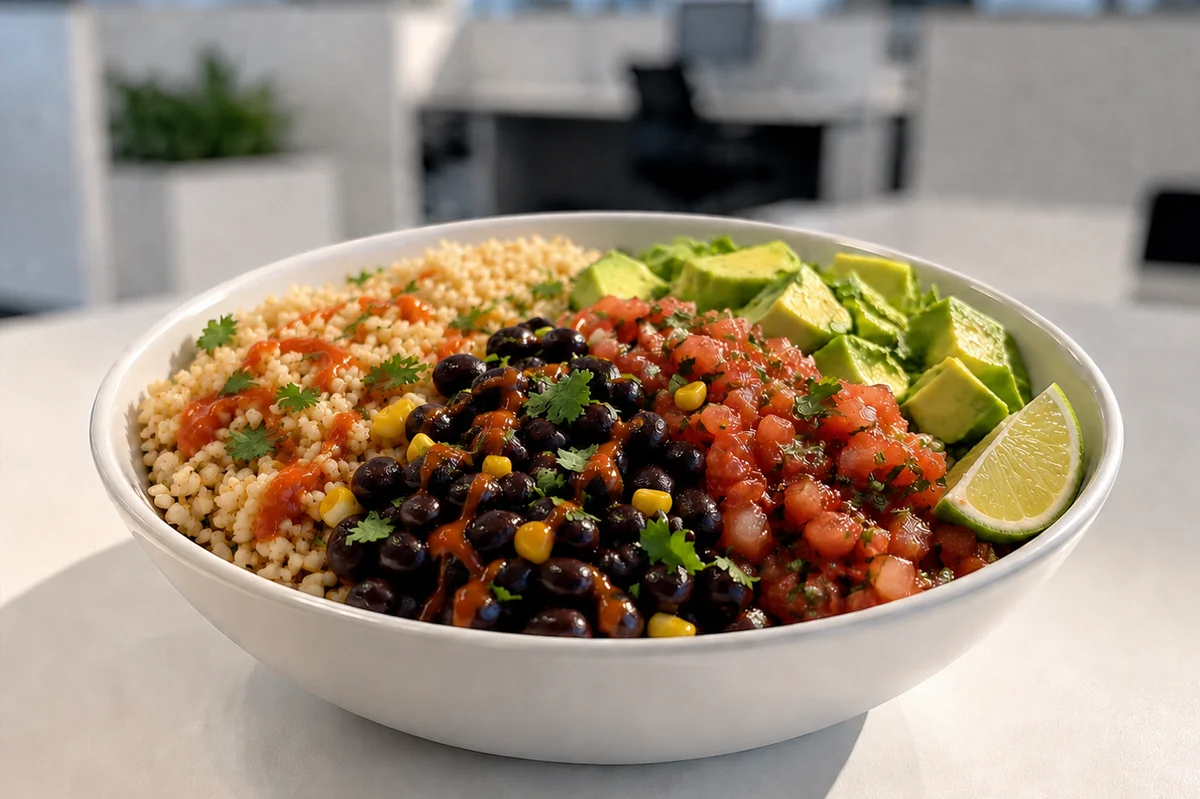 Colorful rice bowl with beans, corn, avocado, and salsa